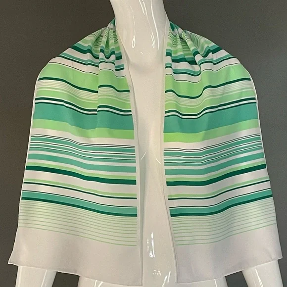 Super Cute Vintage Greens Stripes Poly Scarf 10 In by 46 Exc Condition - Picture 2 of 8